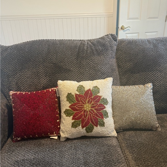 Festive Holiday Throw Pillow Set - Red, Green, Silver (Beaded) - Picture 1 of 5
